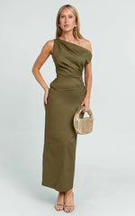 Alexandria Midi Dress - Tip Shoulder Draped Fitted Dress in Olive