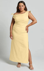 Cincinnati Midi Dress - Off The Shoulder Side Split Column Linen Dress in Lemon