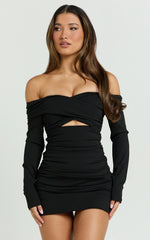 Nathan Mini Dress - Off Shoulder Long Sleeve Ruched Fitted Dress in Black