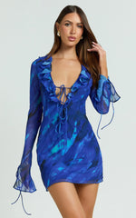 Alesya Mini Dress - Ruffle Plunge Neck Long Sleeve Tie Detail Dress in Blue Abstract