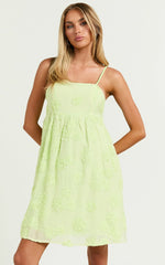 Claya Mini Dress - Sleeveless Straight Neckline Floral Detail Dress in Lime