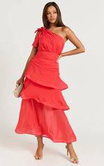 Eugenia Midi Dress - One Shoulder Fit and Flare Layered Dress in Red