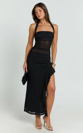 Almarie Midi Dress - Halter Neck Mesh Dress in Black
