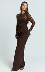 Crisanta Maxi Dress - Long Sleeve Contrast Lace Bodycon Dress in Chocolate