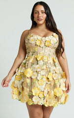 Amalie The Label - Mia Strappy Flower Detail Mini Dress - In Yellow