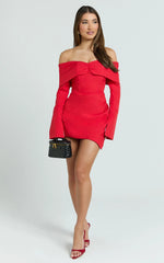 Cyrus Mini Dress - Off Shoulder Long Sleeve Fit And Flare Dress in Cherry