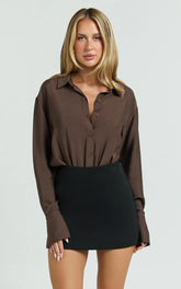 Kimberly Bodysuit - Relaxed Shirt Bodysuit in Chocolate