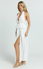 Heidi Maxi Dress - Deep V Plunge Halter Neck Brooch Detail Split Skirt Dress in White
