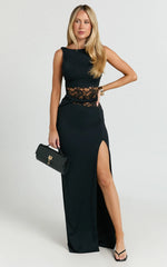 Alberta Maxi Dress - Spliced Sheer Lace Column Dress in Black