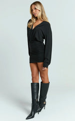 Pearce Mini Dress - Ruched Jersey Shirt Dress in Black