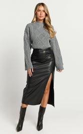 Chantel Midi Skirt - High Waist Ruched Faux Leather Skirt in Black