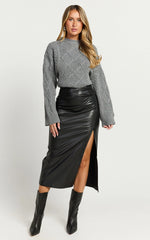 Chantel Midi Skirt - High Waist Ruched Faux Leather Skirt in Black