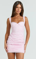 Becker Mini Dress - Strappy Bustier Ruched Bodycon Dress in Pink