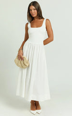 Murphy Midi Dress - Scoop Neck Straight Drop Waist Gathered Skirt Knit And Poplin Dress in White