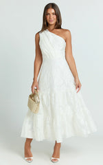 Nadette Midi Dress - One Shoulder Pleated Tiered Dress in White