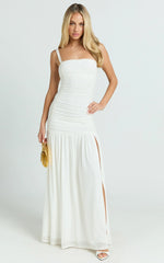Cardi Maxi Dress - Ruched Mesh High Leg Split Dress in Ivory
