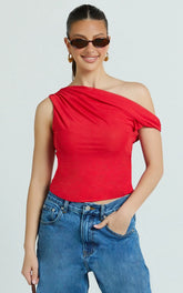 Amaya Top - Off Shoulder Twist Asymmetrical Sleeve Top in Red