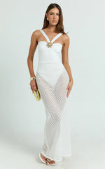 Adalia Maxi Dress - Strappy Hardware Rosette Trim Jersey Bodysuit Crochet Column Skirt Dress in Off White