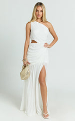 Darcy Maxi Dress - One Shoulder Side Cut Out Gathered Dress in White