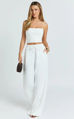 Nicole Pants - High Waist Elasticated Gathered Waist Wide Leg Pants in White