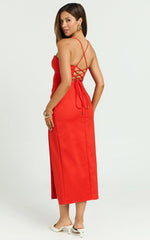 Alissa Midi Dress - Bustier Strappy Pleat Side Fitted Dress in Tangerine