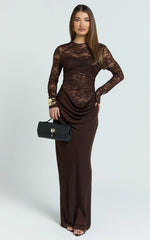 Crisanta Maxi Dress - Long Sleeve Contrast Lace Bodycon Dress in Chocolate
