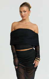 Roza Top - Asymmetric Long Sleeve One Shoulder Top in Black