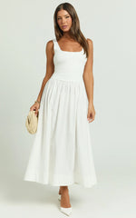 Murphy Midi Dress - Scoop Neck Straight Drop Waist Gathered Skirt Knit And Poplin Dress in White