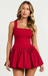 Bridgette Mini Dress - Straight Neck Sleeveless Bubble Hem Dress in Red