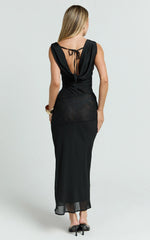 Nova Midi Dress - Lace Cowl Neck Tie Back Dress in Black