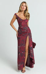 Demetria Midi Dress - Floral Mesh Printed Bodycon Dress in Burgundy Rose