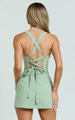 Mikayla Mini Linen Blend Dress - Sweetheart Ruched Bust Fitted Dress in Sage