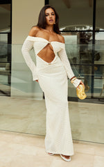 Romy Maxi Dress - Off Shoulder Long Sleeve Cut Out Gold Trim Fitted Dress in Ivory