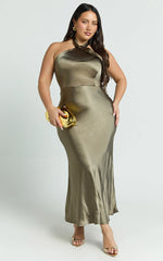 Rhianne Midi Dress - Twist Halter Neck Open Back Satin Dress in Olive