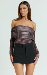 Jambee Top - Long Sleeve Off Shoulder Ruched Mesh Top in Brown Multi