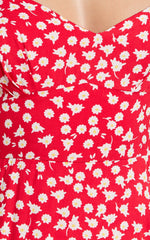 Carlyn Midi Dress - Sweetheart Puff Sleeve Wrap Dress in Red Floral