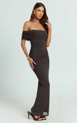 Caterina Maxi - Ruched Off Shoulder Mesh Dress in Chocolate