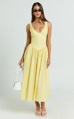 Beckett Midi Dress - Scoop Neck Drop V Waist Gathered Skirt Dress in Butter Yellow