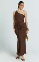 Mandy Midi Dress - Knot Detail Cut Out Mesh Dress in Chocolate