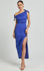 Cincinnati Midi Dress - Off The Shoulder Side Split Column Linen Dress in Cobalt