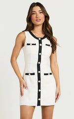 River Mini Dress - Boucle Button Through A Line Dress with Hardware Detail in White