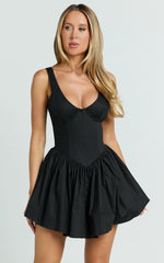 Ashlyn Mini Dress - Scoop Neck V Waist Gathered Dress in Black