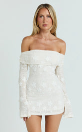 Raymond Mini Dress - Off Shoulder Long Sleeve Fitted Dress in Ivory