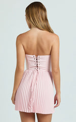 Loretta Mini Dress - Lace Up Corset Pleated Dress in Soft Pink