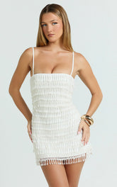 Aria Mini Dress - Beaded Pearl Fringe A Line Dress in Ivory