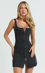 Chrysoula Mini Dress - Square Neck Zip Front Sleeveless Bodycon Denim in Washed Black
