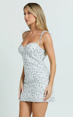 Larson Mini Dress - Tie Strap Ruched Bust Dress in White/Blue