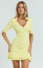 Mischa Mini Dress - Collared Short Sleeve Fit And Flare Knitted Dress in Lemon