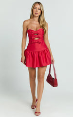 Otis Mini Dress - Strapless Fit And Flare Bubble Hem Dress in Red
