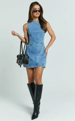 Olenna Mini Dress - High Neck Fitted Denim Dress in Mid Blue Wash